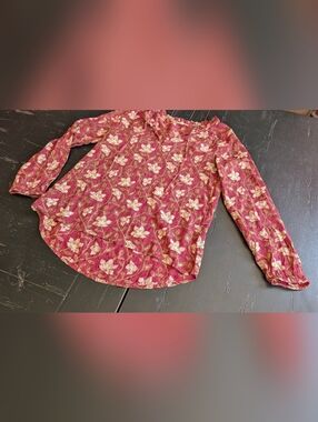 Fat Face Women's Red Beige Floral Top Size 2 Coastal Grandma Boho Botanical